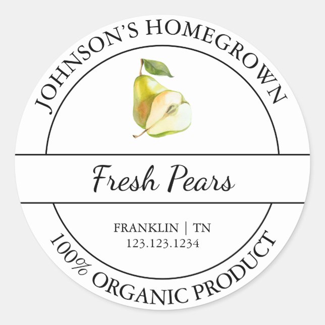 Homegrown Garden Fresh Organic Pear Label (Front)
