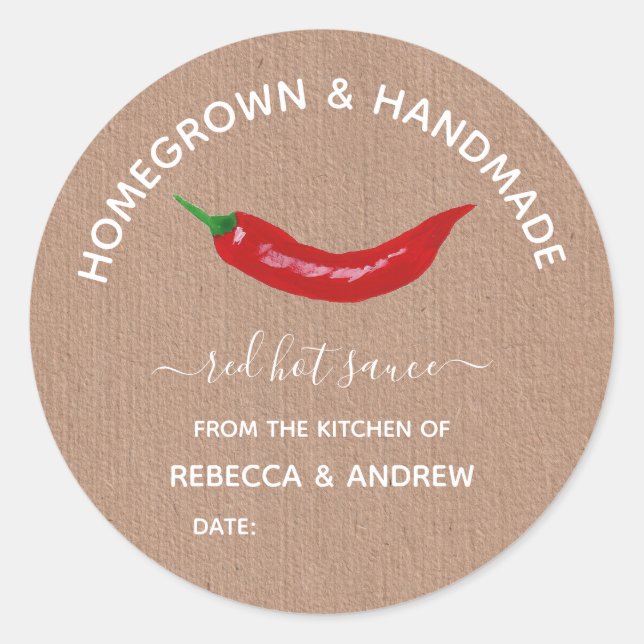 Homegrown & Handmade Kraft Hot Sauce Mason Jar Classic Round Sticker (Front)