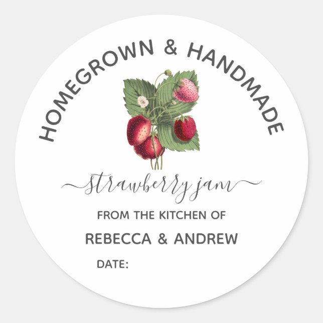 Homegrown & Handmade Strawberry Jam Mason Jar Classic Round Sticker (Front)