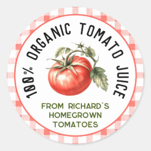 Homegrown tomato juice with chequered pattern classic round sticker