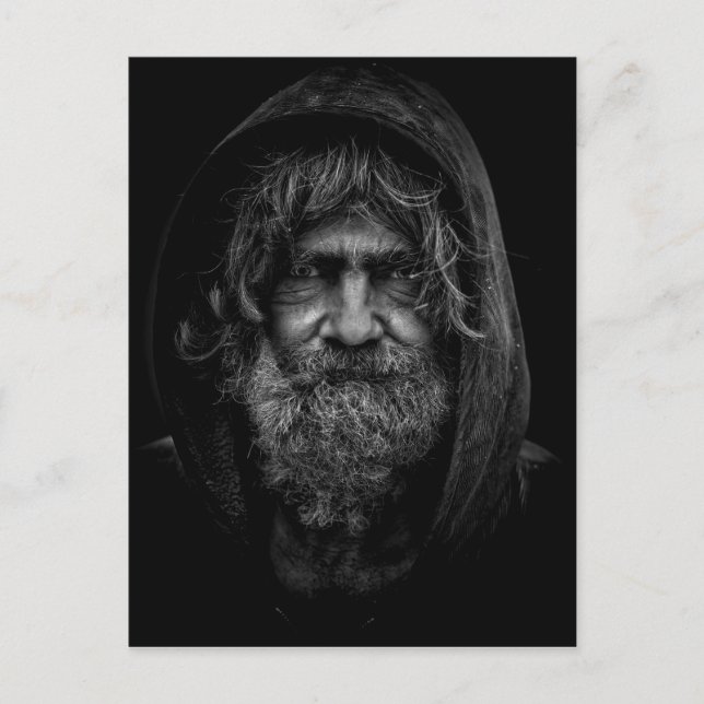 Homeless and Helpless Man in Black and White Postcard (Front)