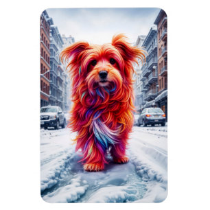 Homeless dog in cold snowy urban evening magnet
