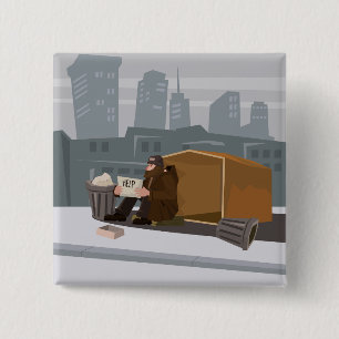 Homeless Man Holding Help Sign Urban Poverty 15 Cm Square Badge