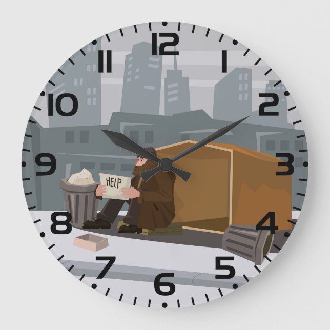 Homeless Man Holding Help Sign Urban Poverty Large Clock (Front)