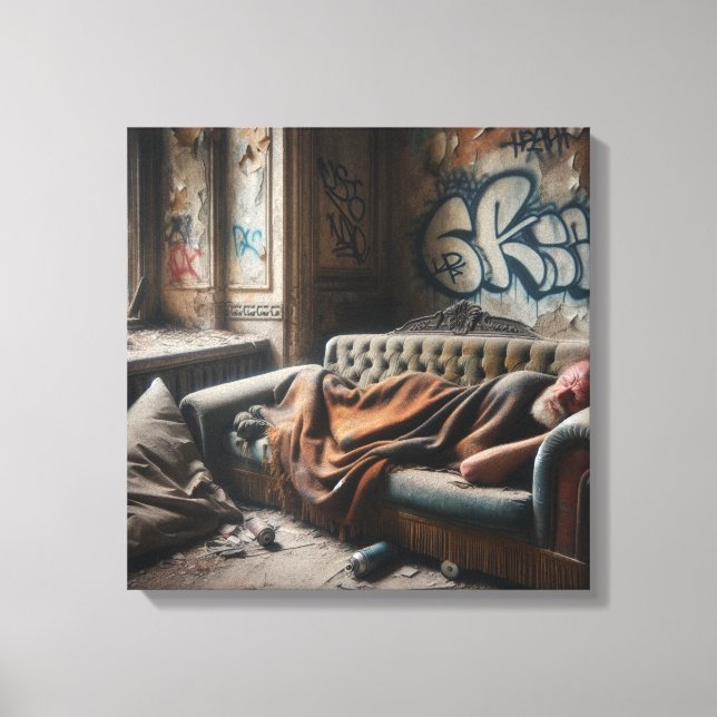 Homeless Man Napping in Abandoned Building   Canvas Print (Front)