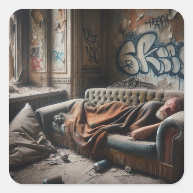 Homeless Man Napping in Abandoned Building   Square Sticker (Front)
