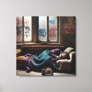Homeless Man Sleeping in Abandoned Building Canvas Print
