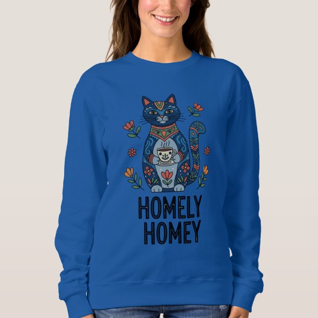 Homely homey cozy blue cat design sweatshirt (Front)