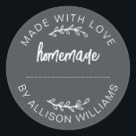 Homemade Baked Goods Jam Cookies Offblack Classic Round Sticker<br><div class="desc">Rustic, modern and simple homemade baked goods, apple pie, cookies or jam canning sticker with the text homemade, made with love and your name in white stylish typography and script on an offblack background. Simply add your name to the label. Exclusively designed for you by Happy Dolphin Studio. If you...</div>
