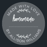 Homemade Baked Goods Jam Cookies Offblack Classic Round Sticker<br><div class="desc">Rustic, modern and simple homemade baked goods, apple pie, cookies or jam canning sticker with the text homemade, made with love and your name in white stylish typography and script on an offblack background. Simply add your name to the label. Exclusively designed for you by Happy Dolphin Studio. If you...</div>