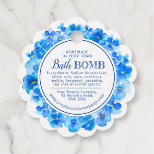 Homemade bath bomb pansy blue white favour tags