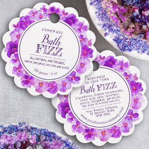 Homemade bath fizz pansy purple white favour tags