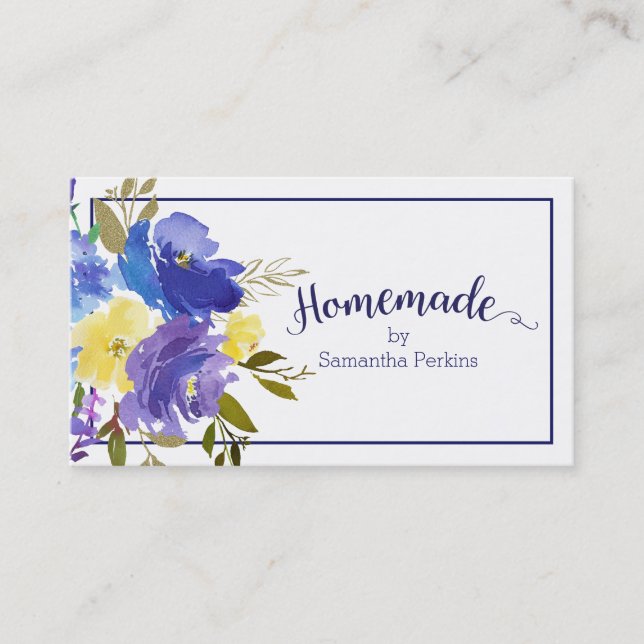 Homemade Blue Purple Yellow Flower Calligraphy Business Card (Front)