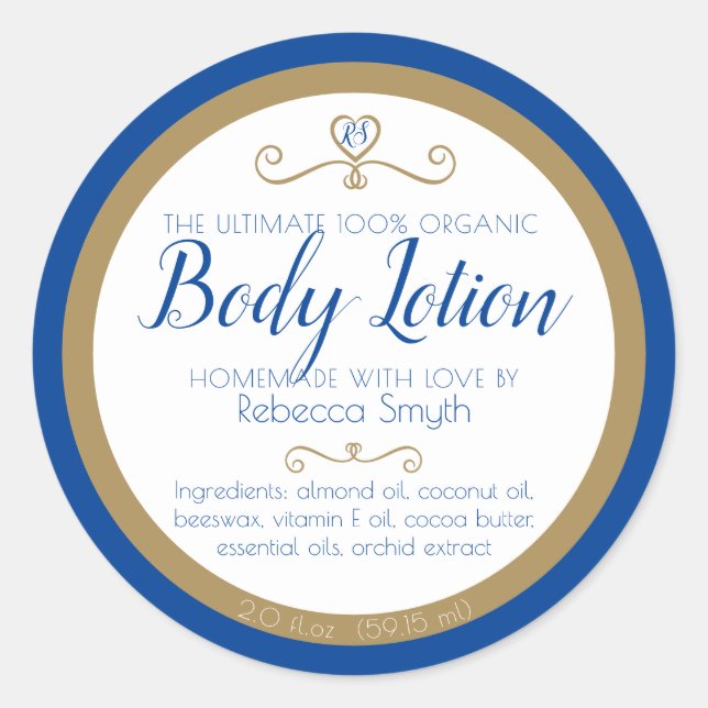 Homemade body lotion ingredients blue gold label (Front)