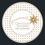 Homemade Christmas Goodies | Gold Snowflake Classic Round Sticker<br><div class="desc">Create stickers to label your homemade Christmas goodies,  holiday cookies,  candy,  treats,  party favours and more featuring a gold snowflake design on a crisp white background with small gold starburst pattern border and your message in stylish lettering. Personalise for your homemade holiday gifts.</div>