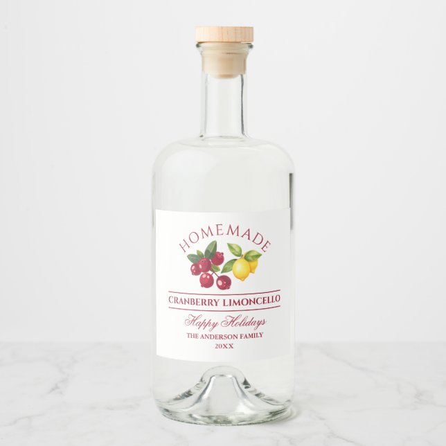 Homemade Cranberry Limoncello Holiday Liquor Bottle Label (Front)