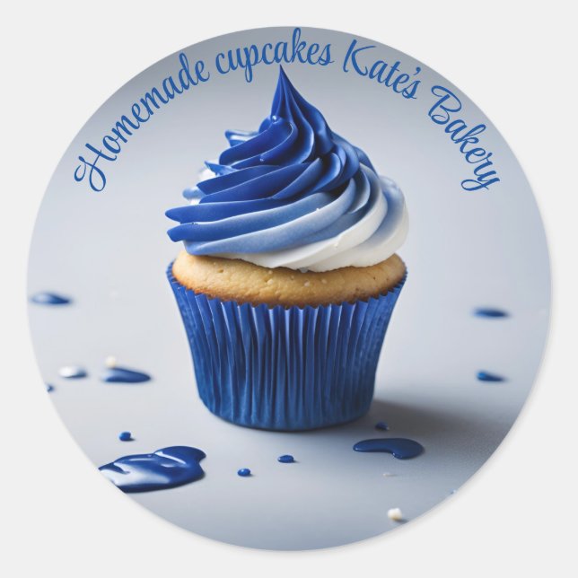 Homemade Cupcakes White Blue Round Sticker (Front)