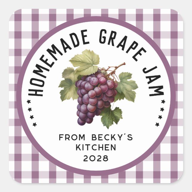 Homemade grape jam with chequered pattern square sticker (Front)