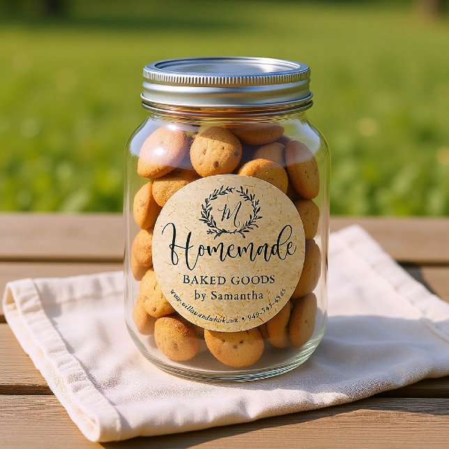 Homemade Laurel Kraft Custom Product Packaging Classic Round Sticker (custom packaging label homemade round botanical business drink food gift kraft black laurel monogram)