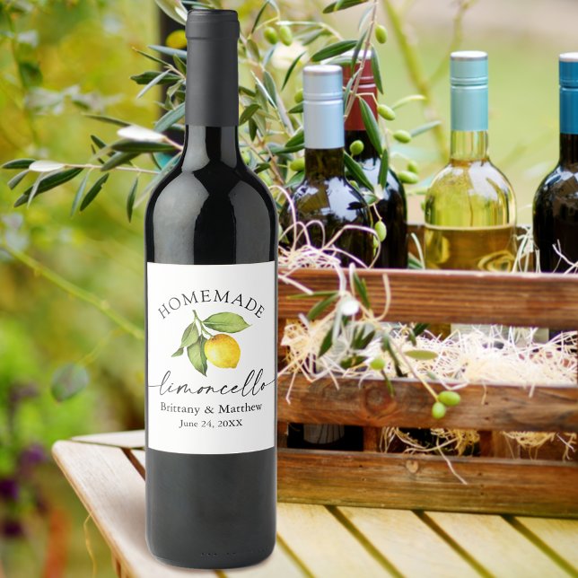 Homemade Limoncello Calligraphy Watercolor Lemon Wine Label (Customize to change your personalized text size or text style.)