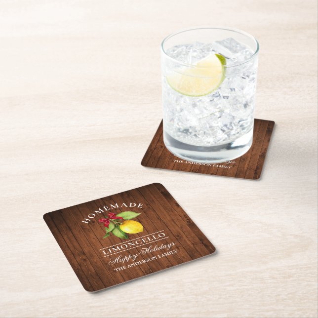 Homemade Limoncello Wood Print Holiday Square Paper Coaster (Insitu)