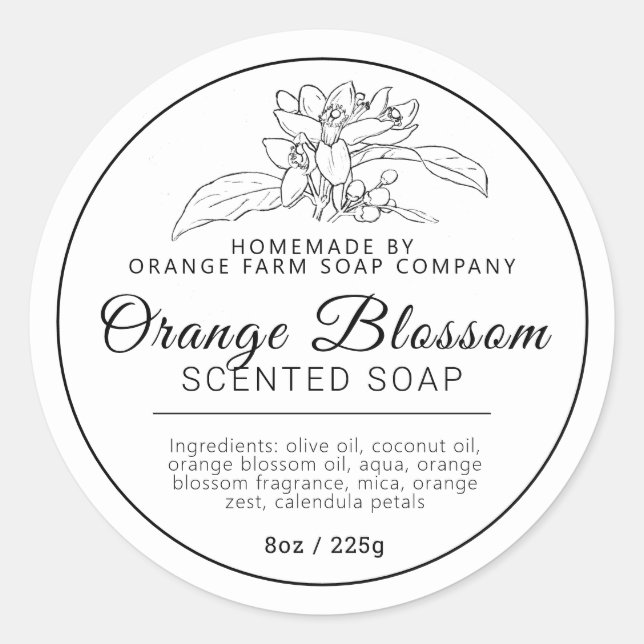 Homemade orange blossom soap ingredients classic round sticker (Front)