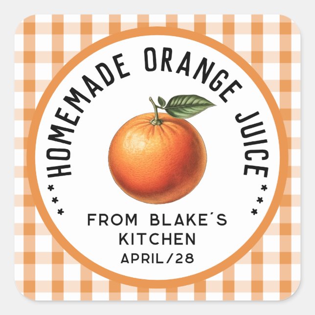 Homemade orange juice with chequered pattern square sticker (Front)