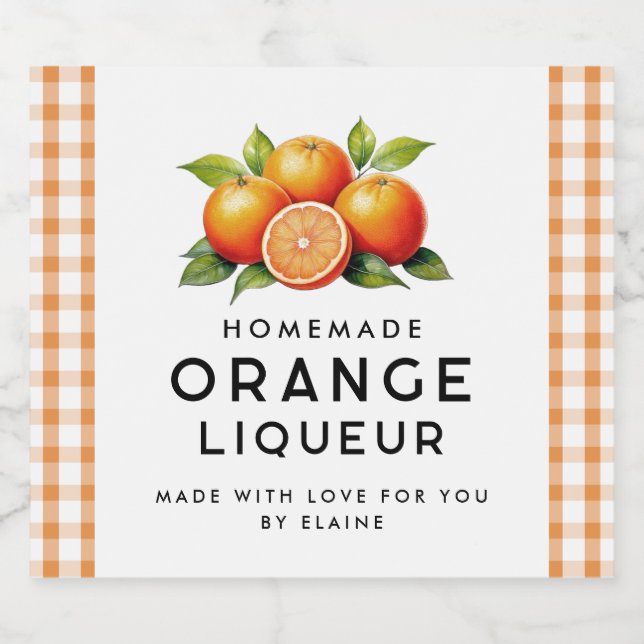 Homemade orange liqueur with oranges and leaves liquor bottle label (Single Label)