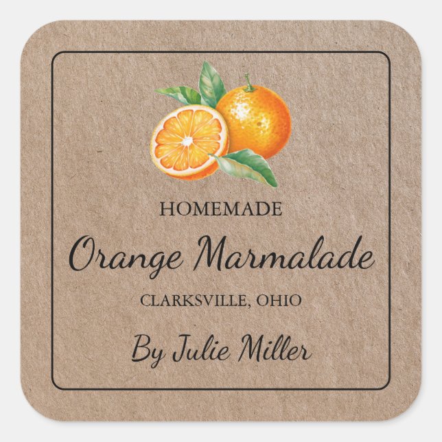 Homemade Orange Marmalade Square Kraft Paper Label (Front)