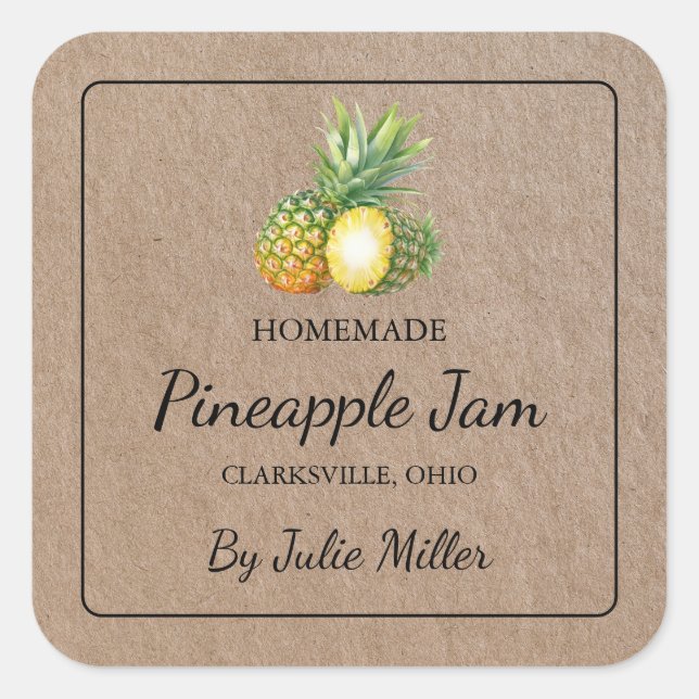 Homemade Pineapple Jam Square Kraft Paper Label (Front)