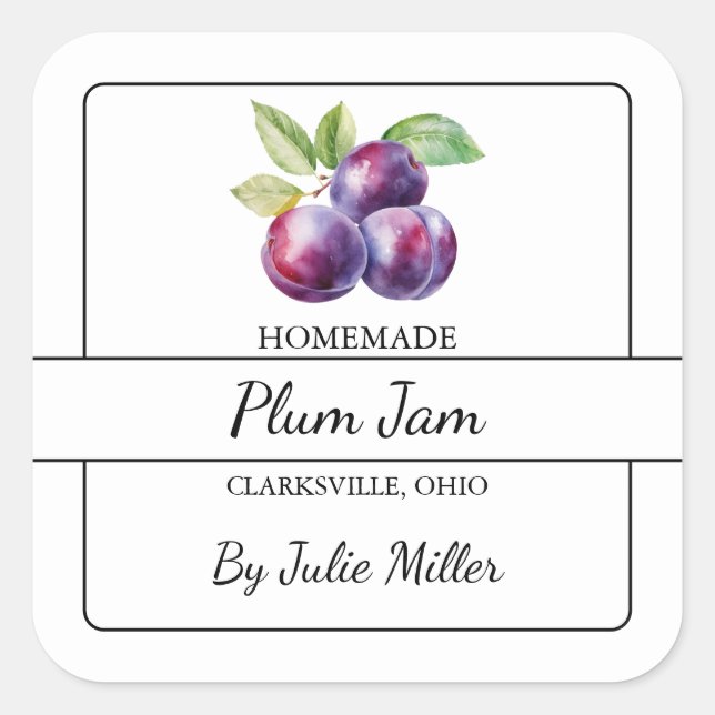 Homemade Plum Jam Square Label (Front)