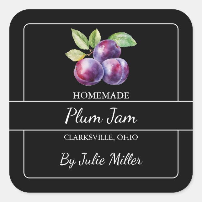 Homemade Plum Jam Square Label Black (Front)
