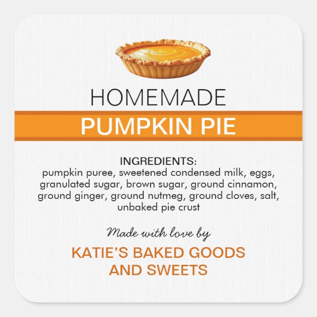 Homemade Pumpkin Pie Label | Fall Baking Sticker (Front)