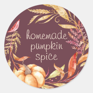 Homemade Pumpkin Spice Watercolor Foliage Burgundy Classic Round Sticker