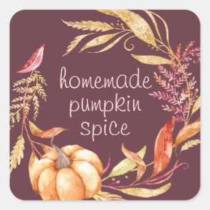 Homemade Pumpkin Spice Watercolor Foliage Burgundy Square Sticker