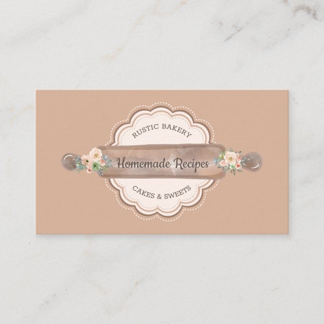 Homemade Recipes Bakery Rolling Pin Floral Business Card (Front)