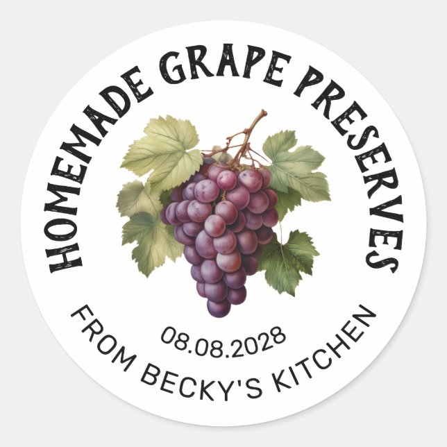 Homemade red grape preserves canning sticker (Front)