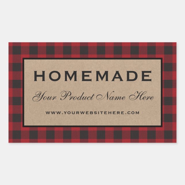 Homemade Red Plaid Kraft Rectangular Sticker (Front)