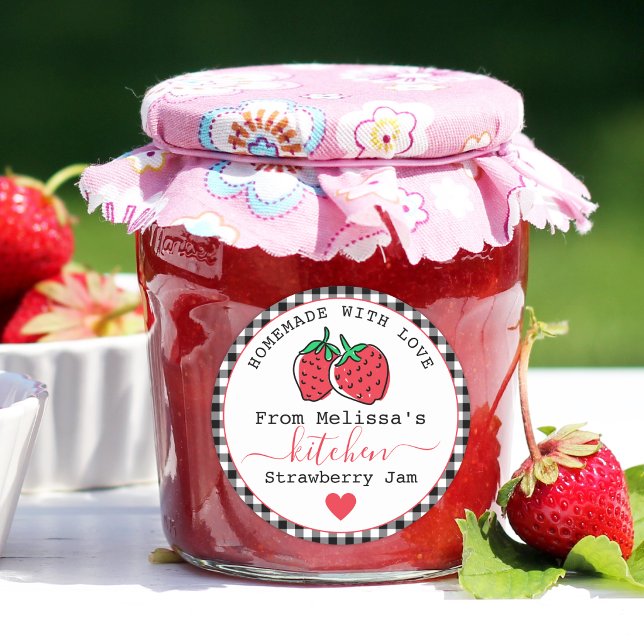 Homemade Strawberry Jam  Rustic Black Gingham  Classic Round Sticker (Creator Uploaded)