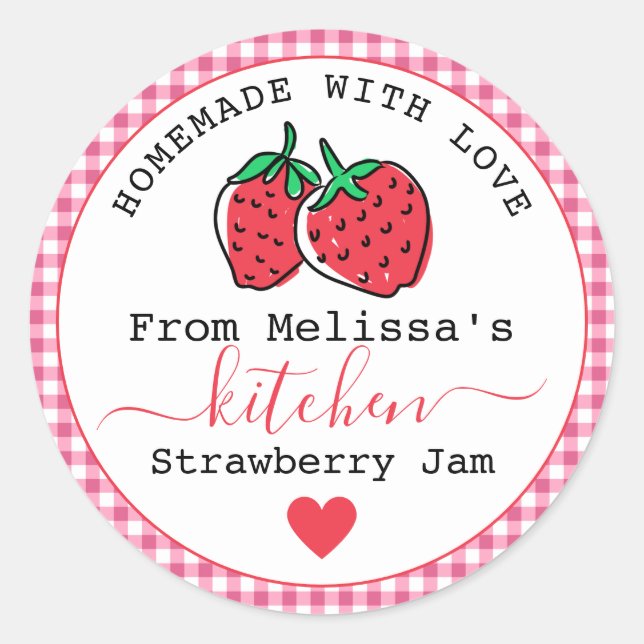 Homemade Strawberry Jam  Rustic Pink Gingham  Classic Round Sticker (Front)
