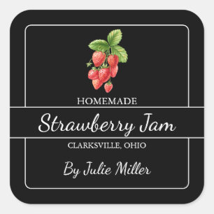 Homemade Strawberry Jam Square Label Black