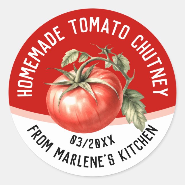 Homemade tomato chutney with red tomato classic round sticker (Front)