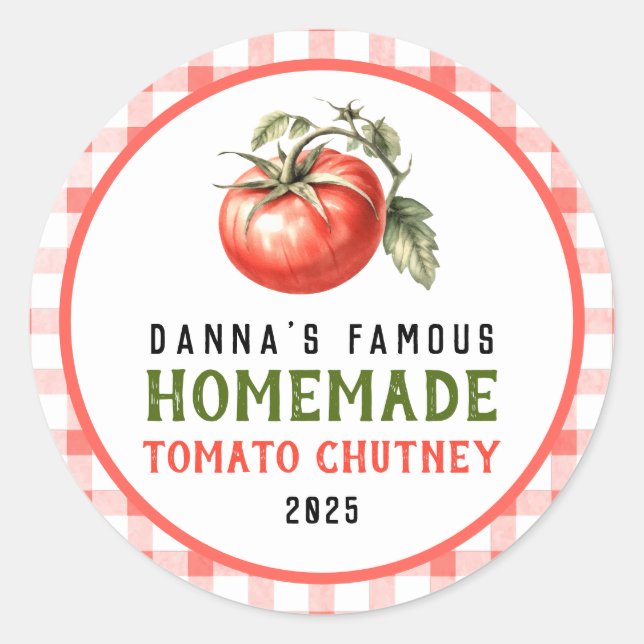 Homemade Tomato Chutney with red tomato farm look Classic Round Sticker (Front)