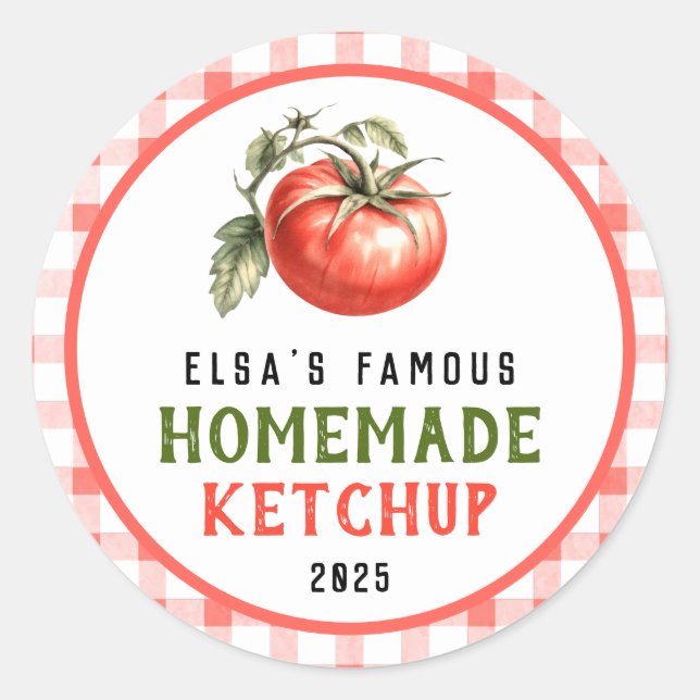 Homemade Tomato Ketchup with red tomato farm look Classic Round Sticker (Front)
