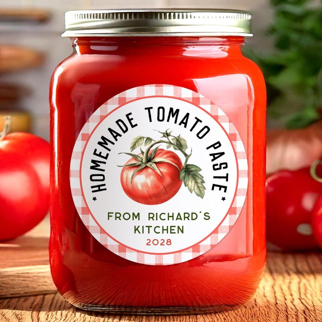 Homemade tomato paste with chequered pattern classic round sticker (Creator Uploaded)