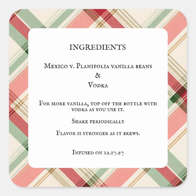 Homemade Vanilla Extract Bottle Ingredients Labels (Front)
