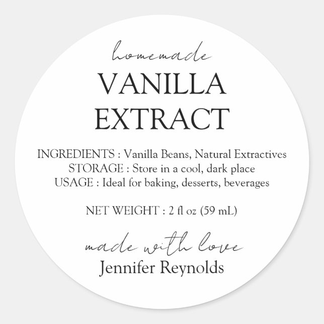Homemade Vanilla Extract Labels with Instructions (Front)