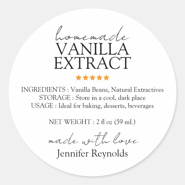 Homemade Vanilla Extract with Instructions Classic Round Sticker (Front)