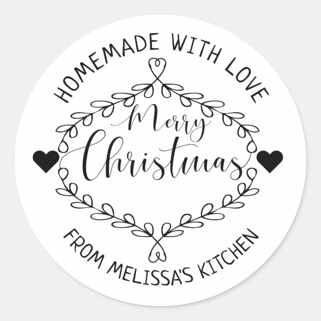 Homemade With Love Black And White Merry Christmas Classic Round Sticker (Front)