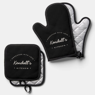 Homemade with Love Black white personalised Oven Mitt & Pot Holder Set